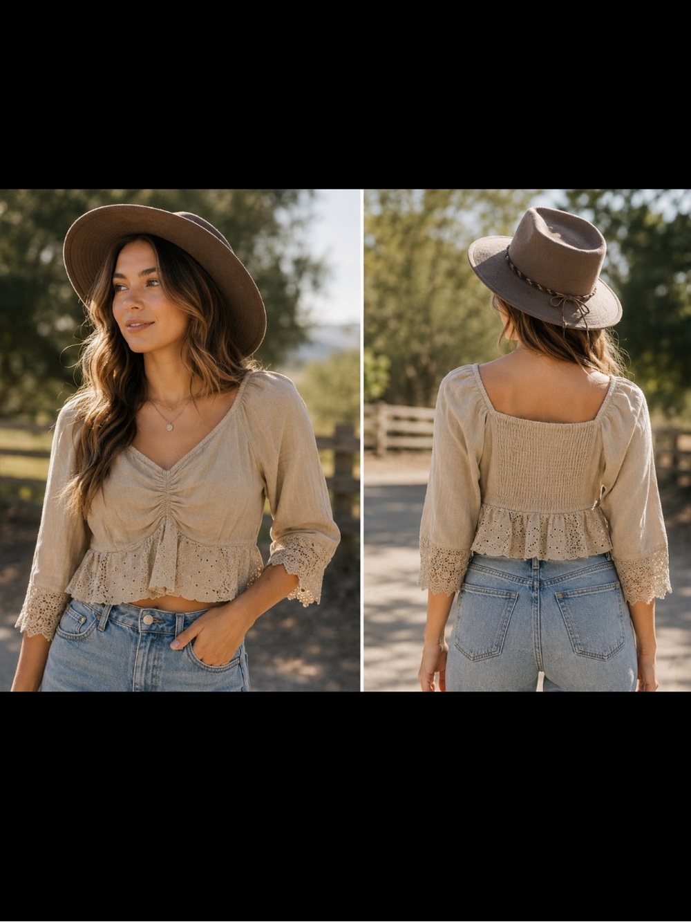 Young Threads Smocked Crop Lace Top Tan Large Festival Country Western Cottage